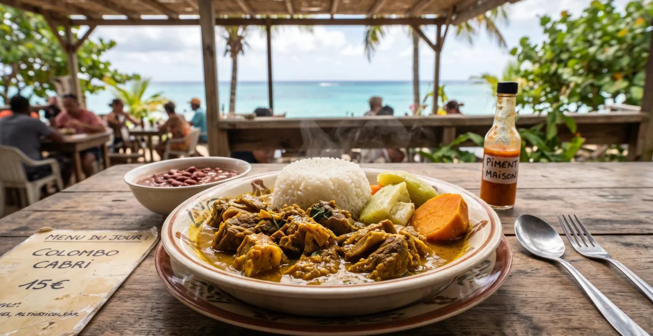 Assiette fumante de colombo de cabri aux épices jaunes dorées avec riz blanc, légumes-pays et pois rouges, servie sur table en bois dans un lolo en bord de mer, végétation tropicale en arrière-plan, Guadeloupe