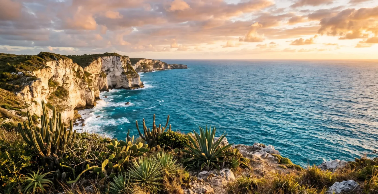Vue panoramique des falaises calcaires blanches de la Pointe de la Grande Vigie plongeant dans l'océan Atlantique bleu profond, végétation xérophile au premier plan, ciel doré au coucher du soleil, Anse-Bertrand, Nord Grande-Terre, Guadeloupe