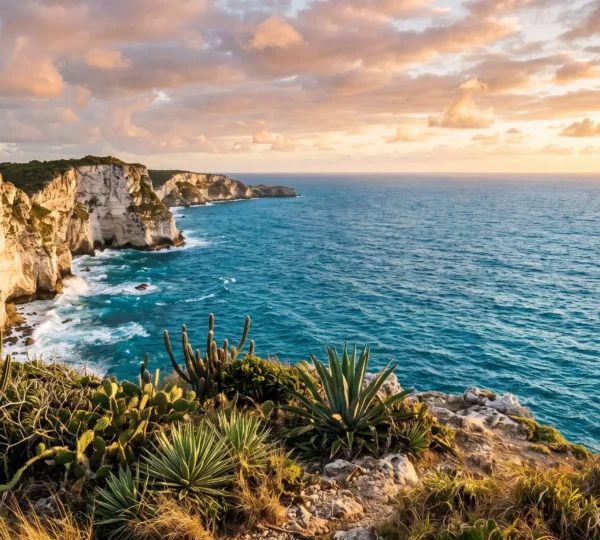 Vue panoramique des falaises calcaires blanches de la Pointe de la Grande Vigie plongeant dans l'océan Atlantique bleu profond, végétation xérophile au premier plan, ciel doré au coucher du soleil, Anse-Bertrand, Nord Grande-Terre, Guadeloupe